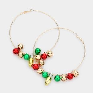 Red Green Christmas Ornament Ball Charm Gold Hoop Earrings Fun Holiday Jewelry